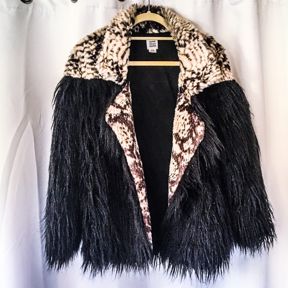REVOLVE Black and Cream Faux Fur Jacket